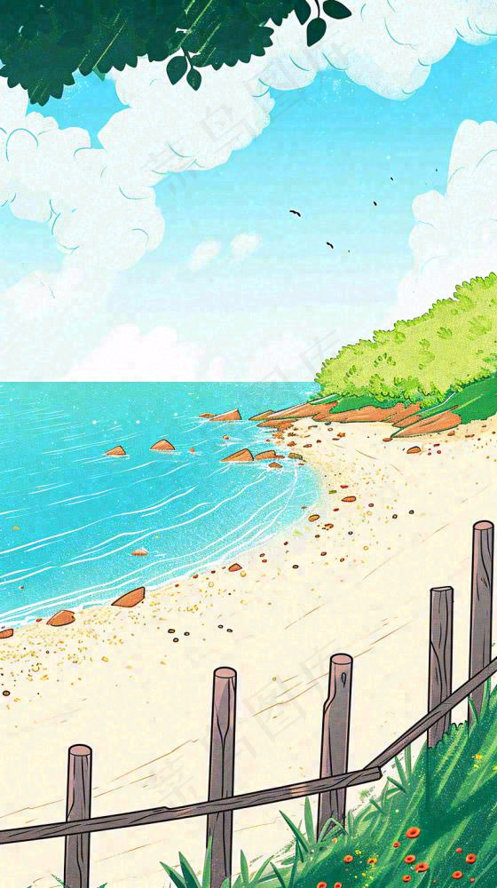 海边沙滩玩耍旅行夏日假期游玩手绘插画，可爱清新，夏至小暑大暑(816x1456)