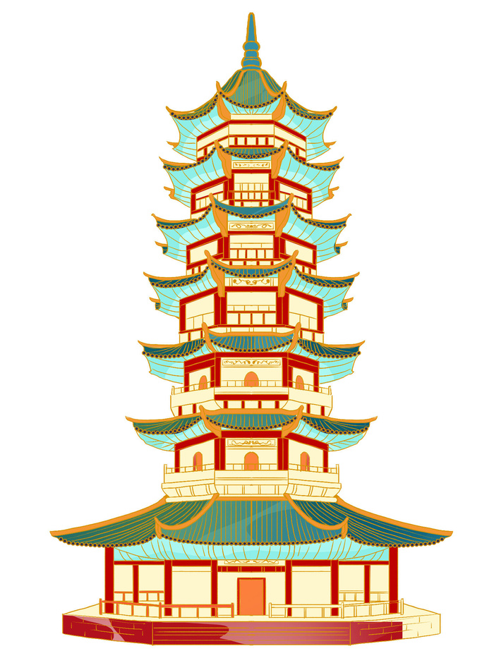 复古中国风国潮古建筑插画手绘高楼古塔PSD素材亭子png免抠图psd模版下载