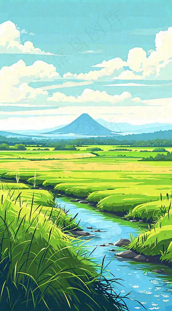 日本卡通绿色手绘乡村田野春天稻田(816x1472)