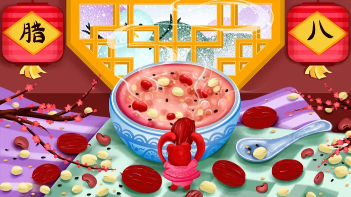 中国传统节日手绘卡通腊八节腊八粥插画海报PSD格式设计素材