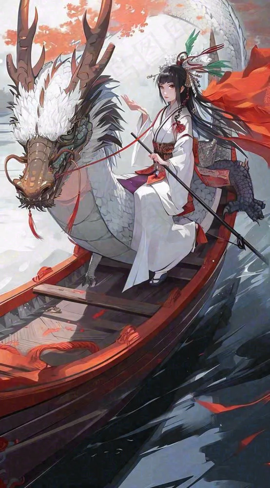 古风仙侠暗黑人物在河流上，龙中国风插画(816x1472)