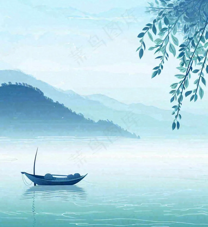 中国风意境湖面山脉云层山水画插画(1024x1120)