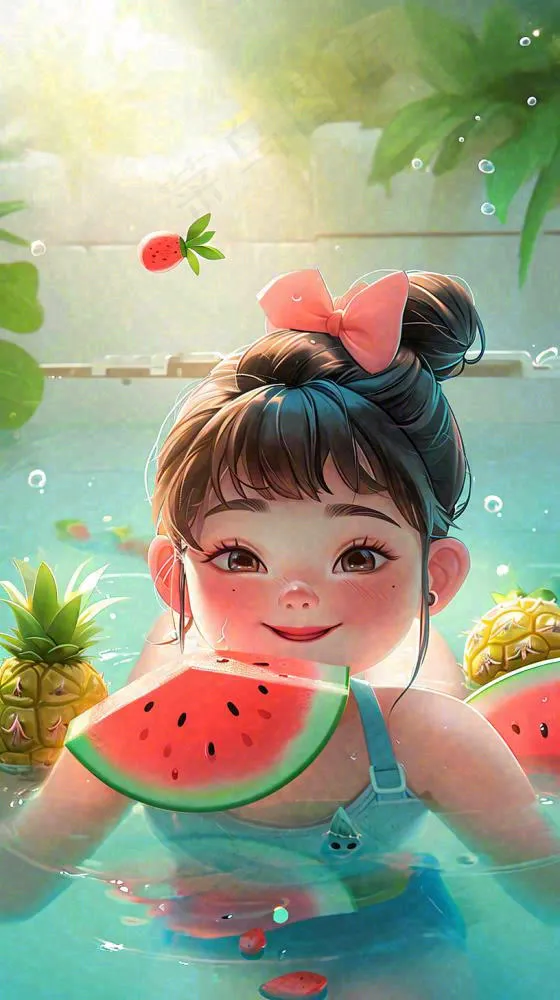 夏日清爽游泳儿童戏水，水果西瓜清凉，夏至大暑小暑(816x1456)