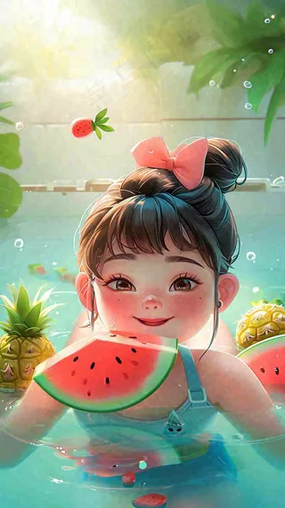 夏日清爽游泳儿童戏水，水果西瓜清凉，夏至大暑小暑