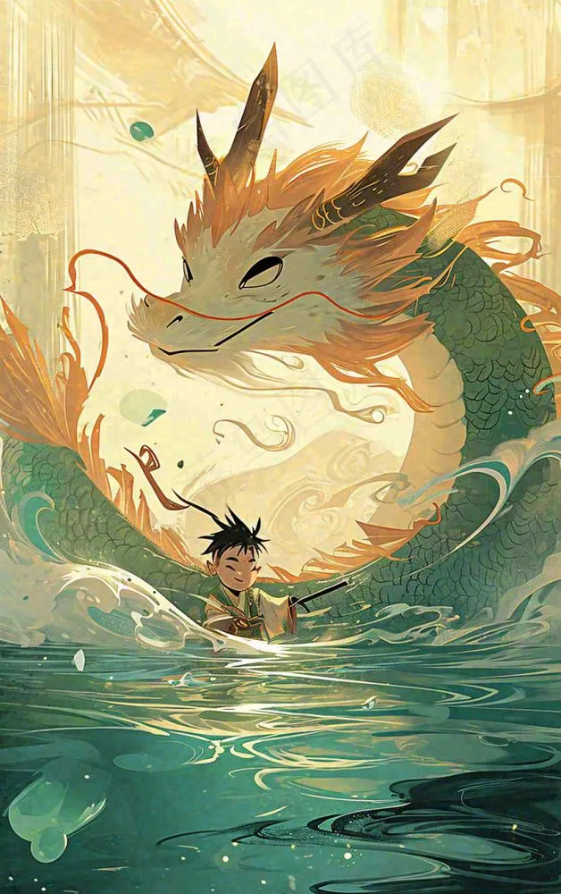 国风龙神话传说海面船只中国风插画(832x1324)