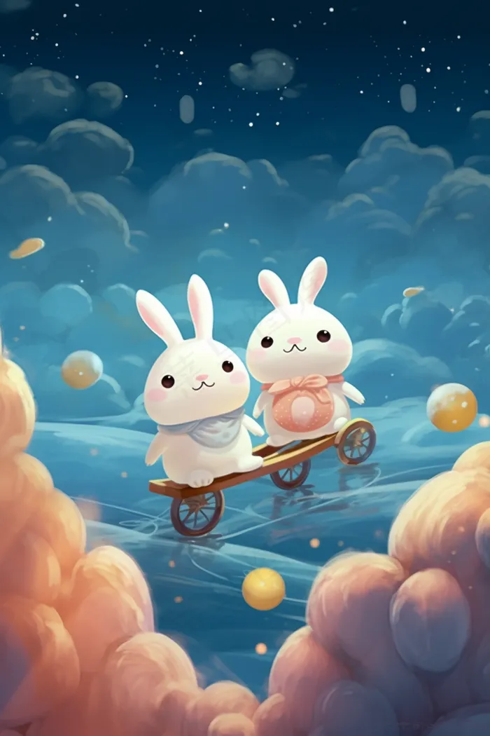 中秋夜晚下的玉兔月亮蓝色背景卡通插画素材(2688x4032)