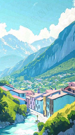 蓝天白云连绵山脉小溪河流小屋，阳光晴天