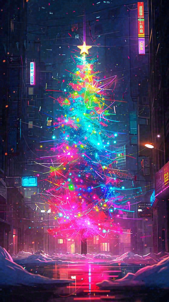 炫酷圣诞彩色缤纷圣诞树节日，夜晚街道建筑，暗黑