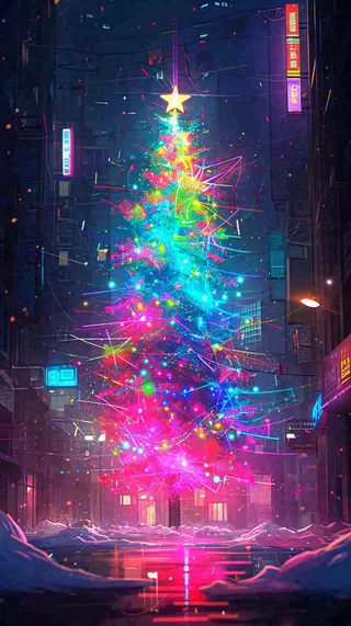 炫酷圣诞彩色缤纷圣诞树节日，夜晚街道建筑，暗黑