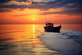 夕阳海边落日余晖摄影图