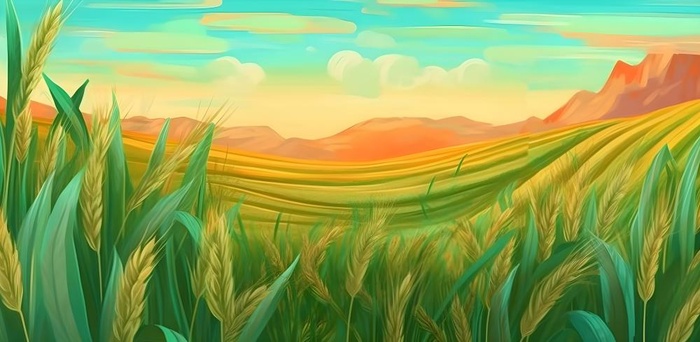农田庄稼小麦玉米地夕阳晚霞绿色背景(6272x3072)