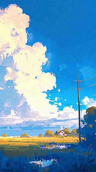 春天乡村河流倒影草地蓝天白云小屋手绘插画