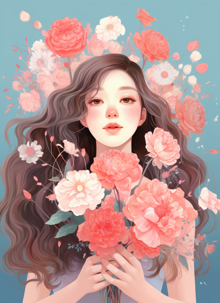 美丽少女抱着大捧粉色鲜花卡通插画(x)