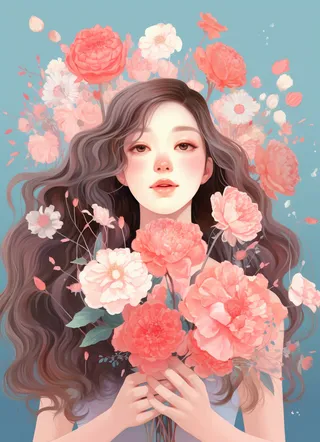 美丽少女抱着大捧粉色鲜花卡通插画