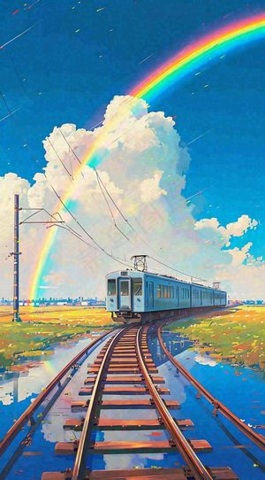 蓝天白云下草地河流高铁火车铁路手绘插画