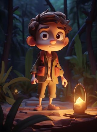 森林探险旅行男孩夜晚3D卡通背景