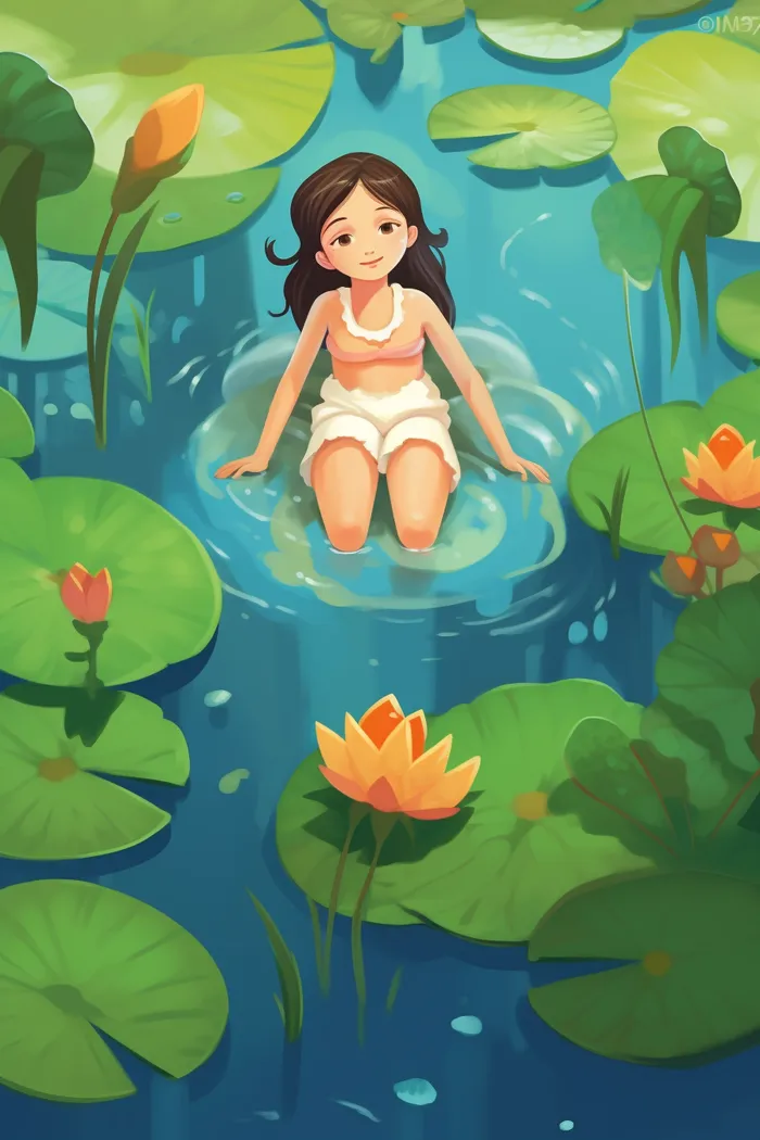 夏日女孩在睡莲荷叶水里玩水水里泛起碧波卡通插画(x)
