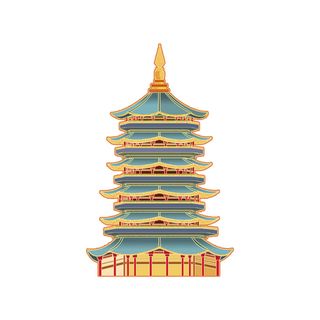 复古中国风国潮古建筑插画手绘高楼古塔PSD素材亭子png免抠图