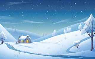 冬天乡村雪地里的房子雪景白雪卡通插画背景
