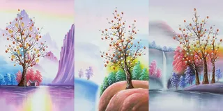 三联油画彩色山水装饰