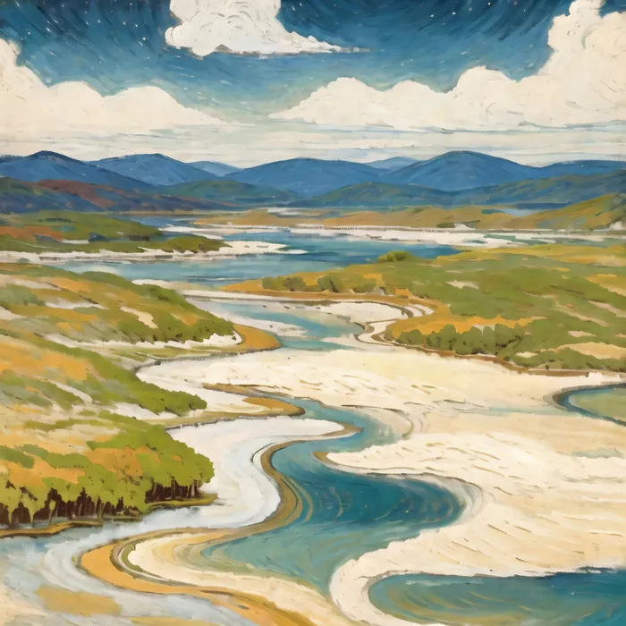 远山大河现代简约风格莫兰迪色系油画装饰画