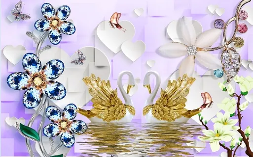 雕塑珍珠天鹅花枝背景墙