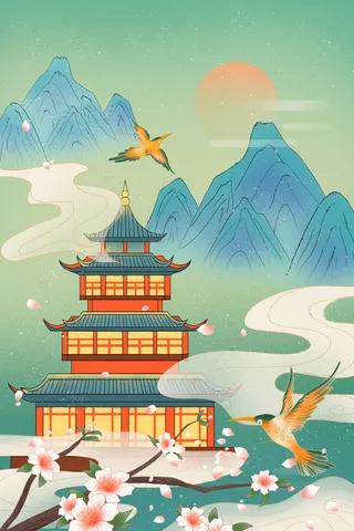 中国风国潮古建筑地标城市古风建筑阁楼印象地标手绘插画PSD素材