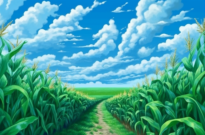 开阔的玉米田蓝天白云插画背景(5440x3584)