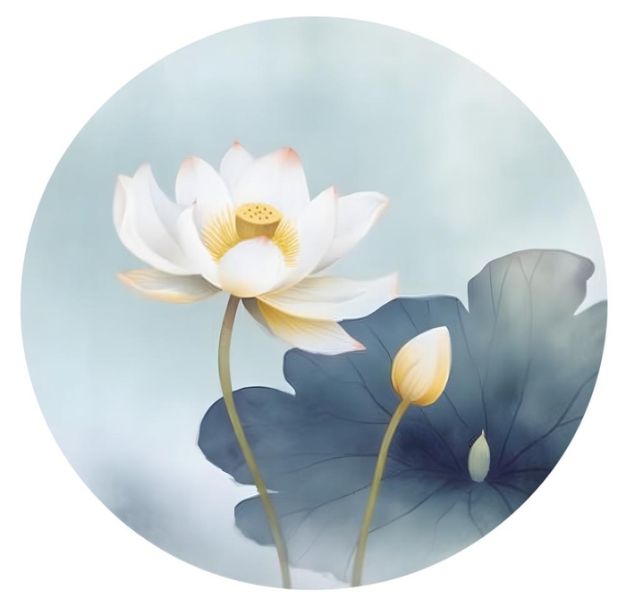 莲花荷花水墨圆框画免抠(1900x1842)