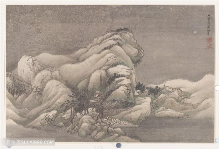 清代恽寿平仿古山水册《层岩积雪》国画图片