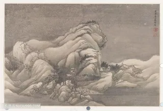 清代恽寿平仿古山水册《层岩积雪》国画图片