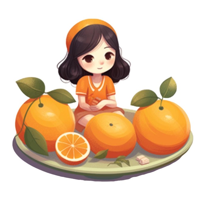 在橙子盘子里的女孩插画免抠
