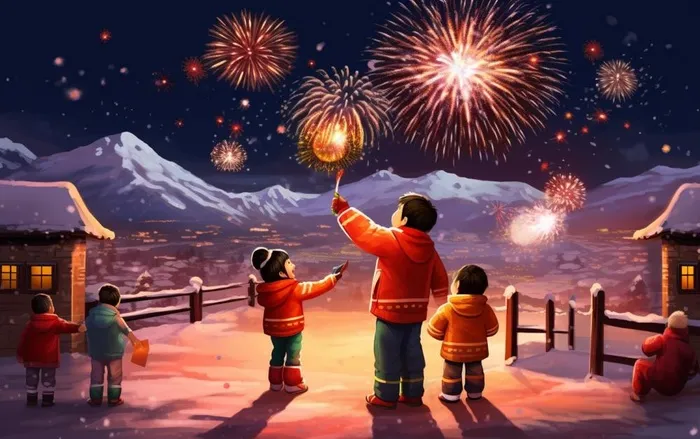 新年除夕夜烟花爆竹儿童玩乐喜庆卡通插画背景(1376x864)