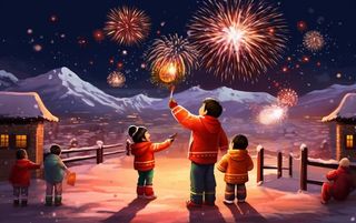新年除夕夜烟花爆竹儿童玩乐喜庆卡通插画背景