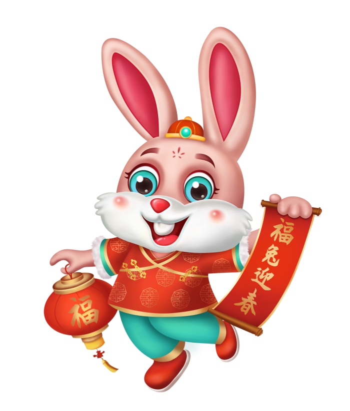 一个兔子拿灯笼对联的兔子立体春节卡通吉祥兔子红色衣服兔子国潮兔年元素