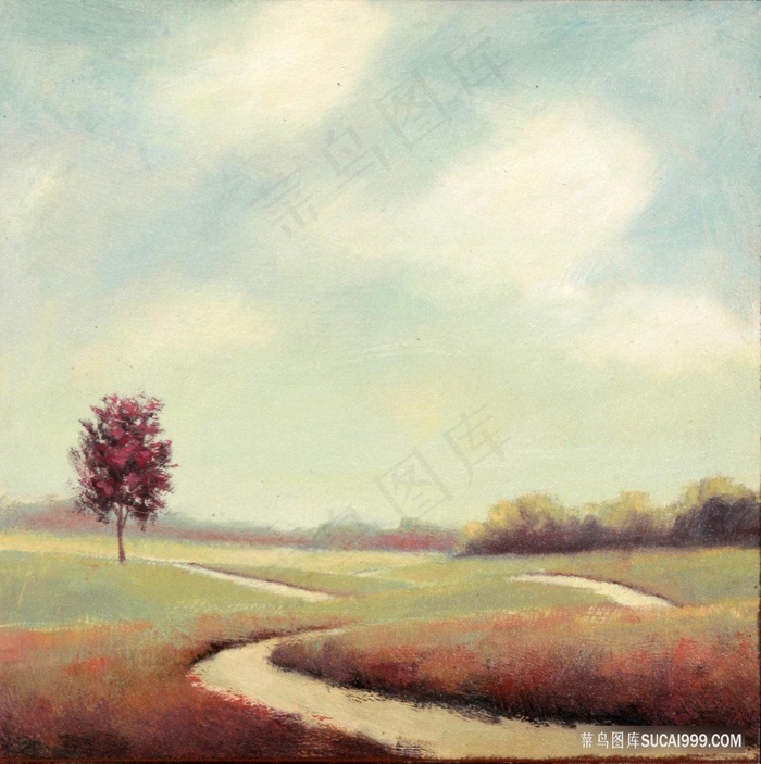 唯美小路小树草地油画装饰画