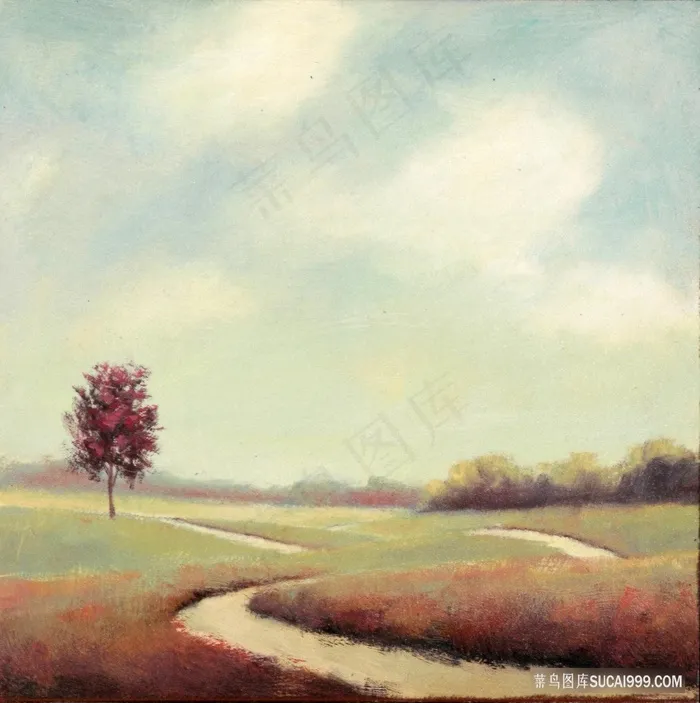 唯美小路小树草地油画装饰画