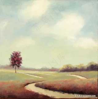唯美小路小树草地油画装饰画