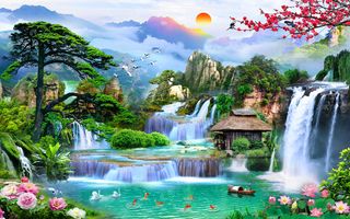 流水生财蓝天木房风景