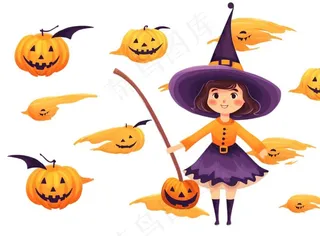 万圣节女巫蝙蝠南瓜卡通插画免抠