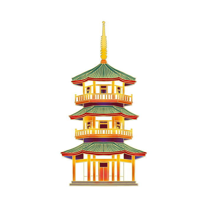 复古中国风国潮古建筑插画手绘高楼古塔PSD素材亭子png免抠图