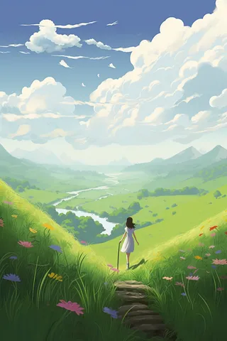 夏日天空女孩站在山上眺望远方草丛小花绿色卡通插画素材