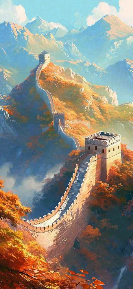 中国风万里长城落日阳光雄伟建筑手绘插画(736x1600)