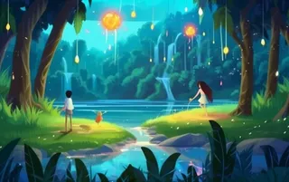 夜晚森林萤火虫蝴蝶插画背景