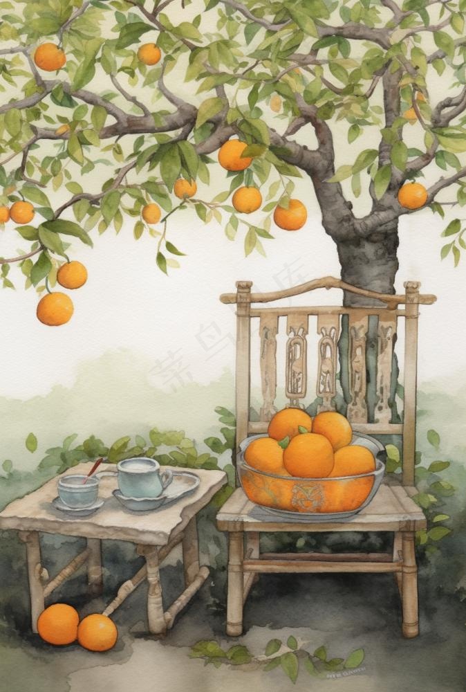 古风橘子树藤椅插画背景(896x1328)