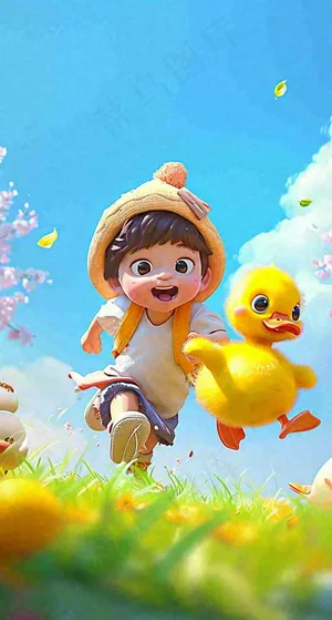 儿童节可爱鸭子奔跑，蓝天白云草地童真玩耍，清新插画