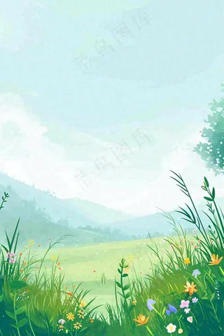 春日郊游草坪小路小花踏青手绘插画，立春春分