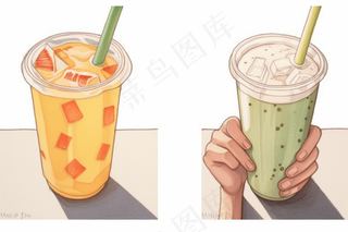 a couple of drinks sitting next to each other, a color pencil sketch by Kinichiro Ishikawa, tumblr, shin hanga, cold drinks, colored milk tea, drinks 