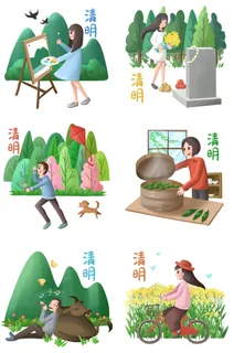 清明节青团卡通踏青人物男女孩放牛娃元素春季春游PSD设计PNG素材