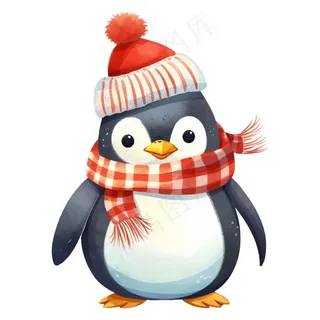 企鹅圣诞帽围巾卡通插画免抠
